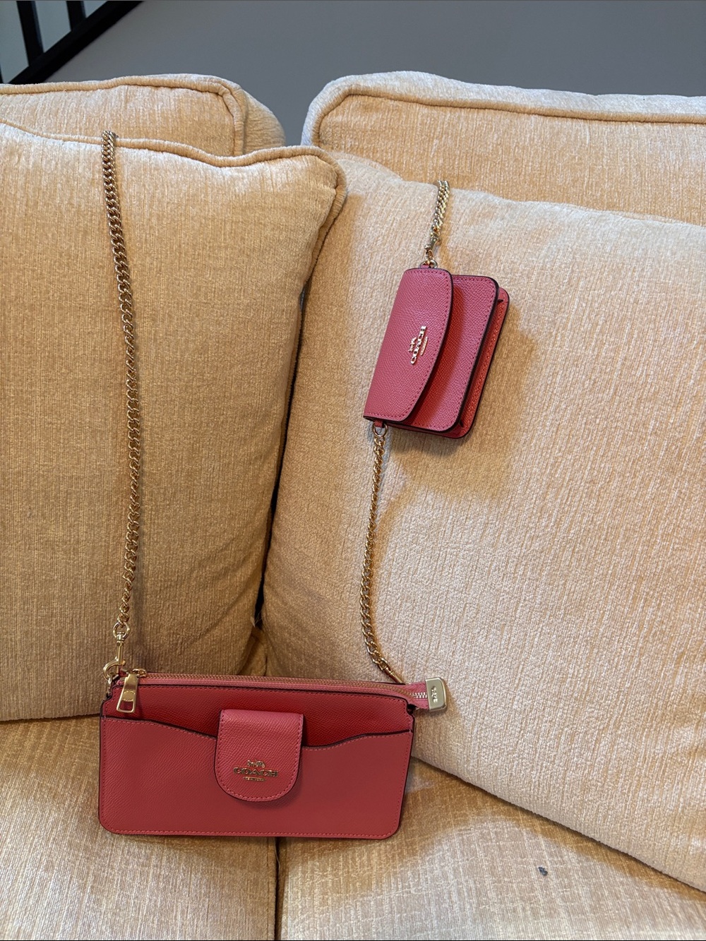 Coach Pink Leather Crossbody Wallet and Card Case with Gold Chain